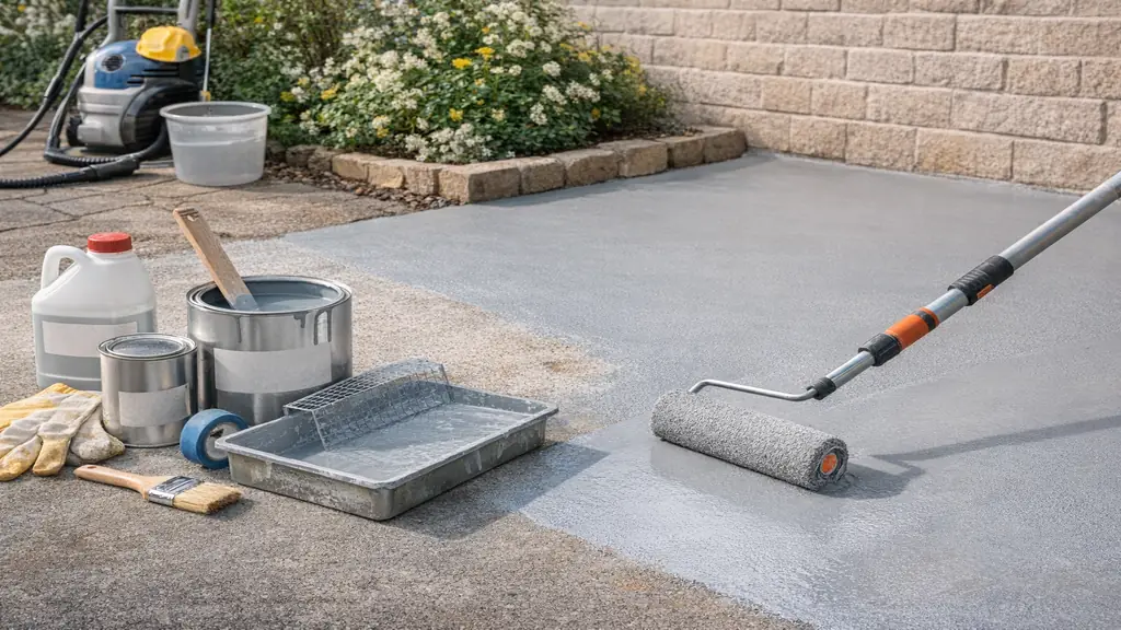 Application d’une peinture pour sol extérieur sur une terrasse en béton avec rouleau, préparation et revêtement résistant aux intempéries