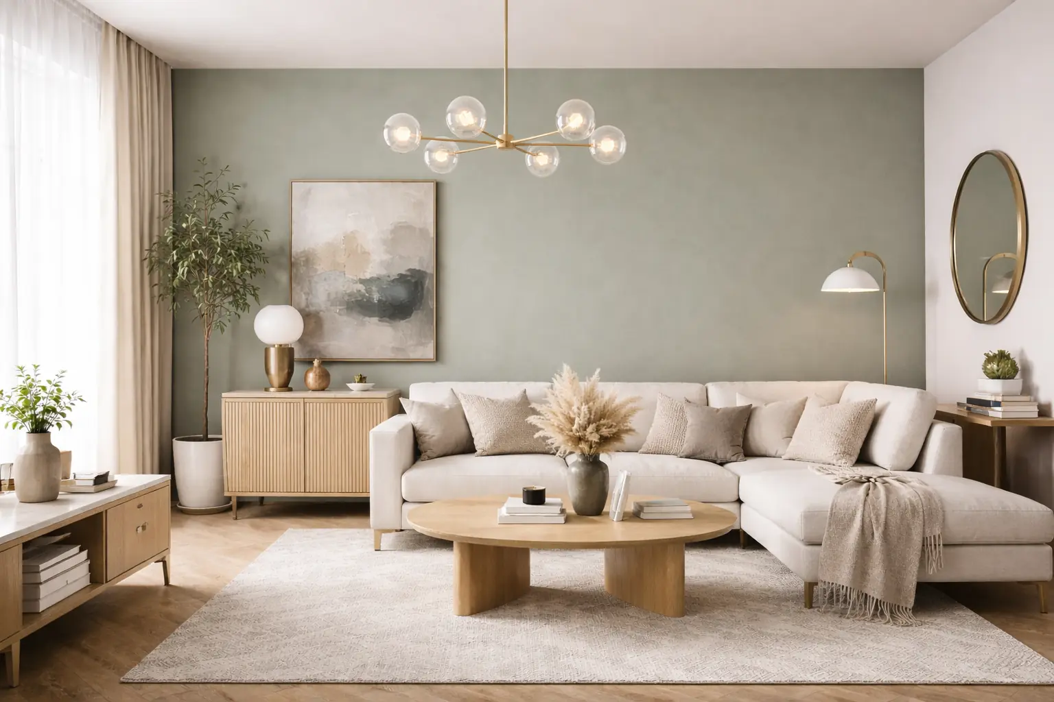 Mur peint en vert de gris dans un salon lumineux avec canapé clair, mobilier en bois clair et décoration naturelle, ambiance douce et élégante.