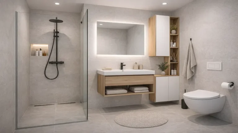 Aménagement d’une petite salle de bain moderne avec douche à l’italienne, meuble vasque suspendu et éclairage LED intégré