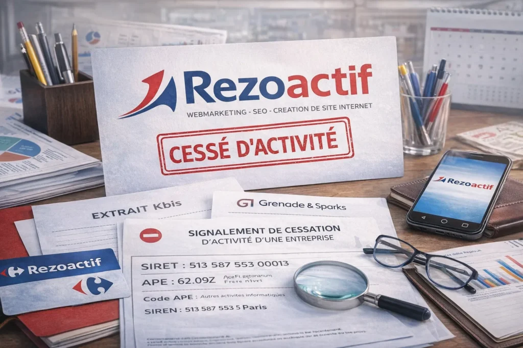 Illustration réaliste représentant l’agence digitale Rezoactif avec mention de cessation d’activité, documents administratifs et contexte de dissolution d’une société française du webmarketing.