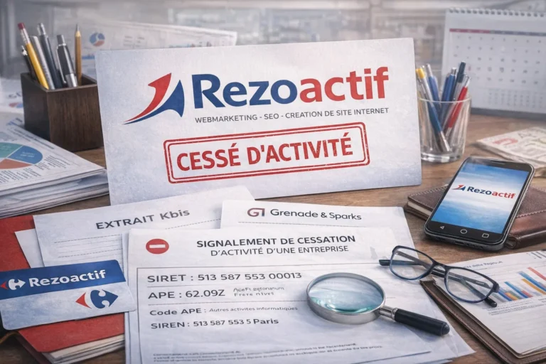 Illustration réaliste représentant l’agence digitale Rezoactif avec mention de cessation d’activité, documents administratifs et contexte de dissolution d’une société française du webmarketing.