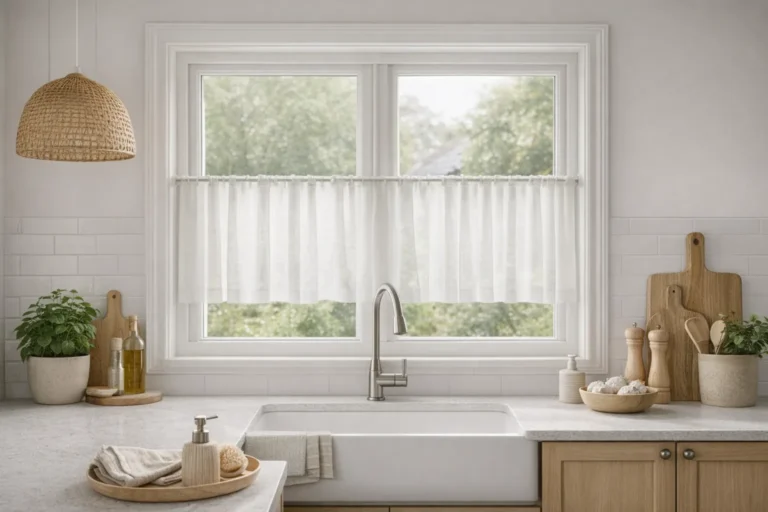 Rideau de cuisine de type brise-bise sur une fenêtre au-dessus de l’évier, laissant passer la lumière naturelle tout en protégeant du vis-à-vis, dans une cuisine lumineuse et moderne.