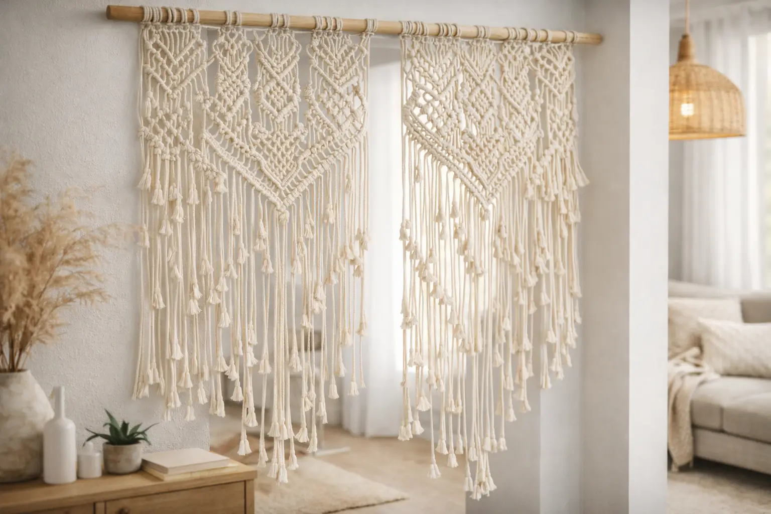 Rideaux en macramé en coton écru suspendus sur une tringle en bois, servant de séparateur de pièce dans un intérieur bohème lumineux
