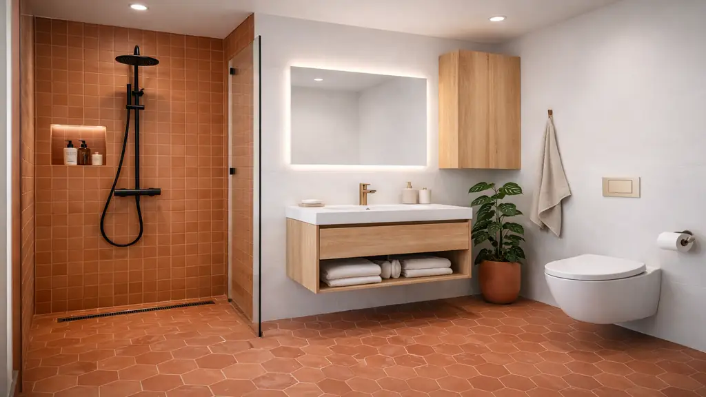 Salle de bain terracotta moderne avec douche à l’italienne carrelée, meuble vasque suspendu en bois et touches de laiton