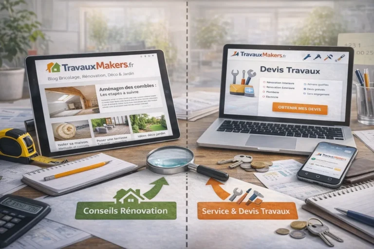 Illustration réaliste montrant la distinction entre TravauxMakers.fr comme blog de conseils rénovation et comme service de devis travaux, avec outils de bricolage et écrans numériques.