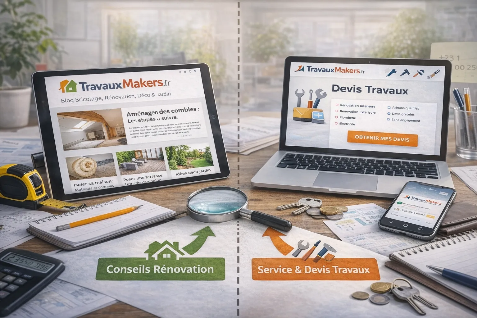 Illustration réaliste montrant la distinction entre TravauxMakers.fr comme blog de conseils rénovation et comme service de devis travaux, avec outils de bricolage et écrans numériques.