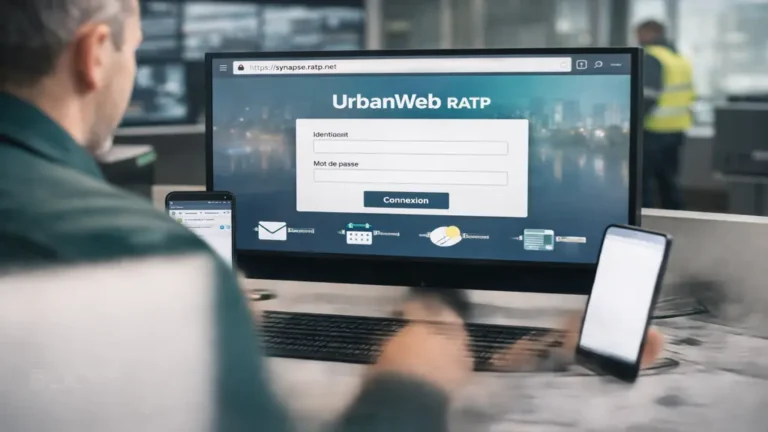 Agent RATP consultant le portail intranet UrbanWeb sur ordinateur pour accéder aux documents RH, planning et messagerie professionnelle.