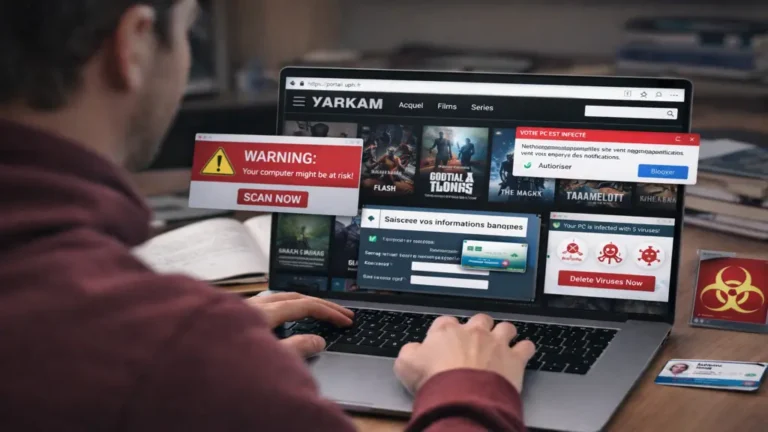 Utilisateur naviguant sur le site de streaming Yarkam confronté à des pop-ups frauduleux, alertes de sécurité et risques de malware.