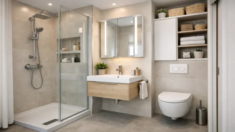 Aménagement petite salle de bain de 3 à 6 m² avec douche à l’italienne, meuble vasque suspendu et WC mural pour gain de place optimal