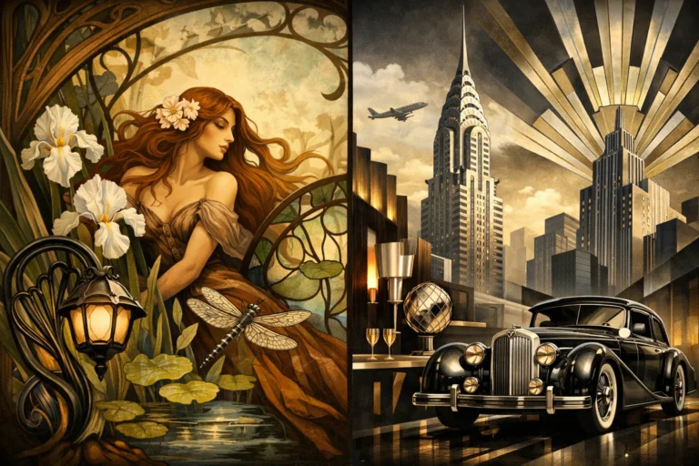 Illustration comparative Art nouveau vs Art déco montrant à gauche des formes organiques florales et à droite une architecture géométrique inspirée du Chrysler Building avec voiture vintage.