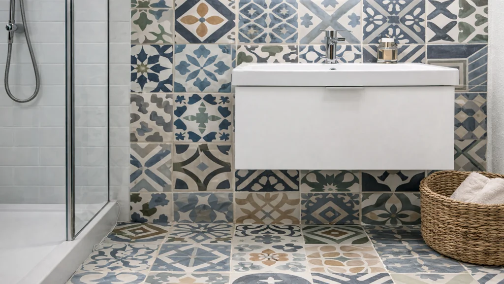 Carreaux de ciment salle de bain avec motifs géométriques au sol et au mur derrière un meuble vasque suspendu blanc.