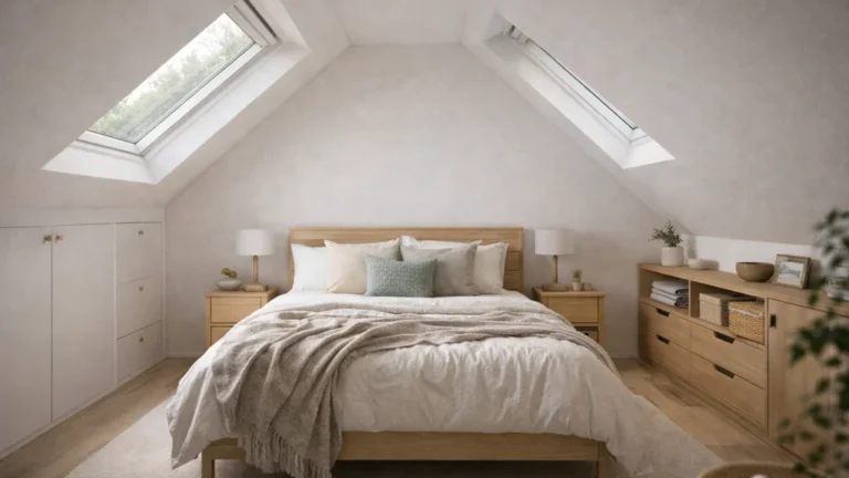 Chambre mansardée sous combles avec lit placé sous le faîtage, rangements bas sous pente et fenêtres de toit apportant lumière naturelle.