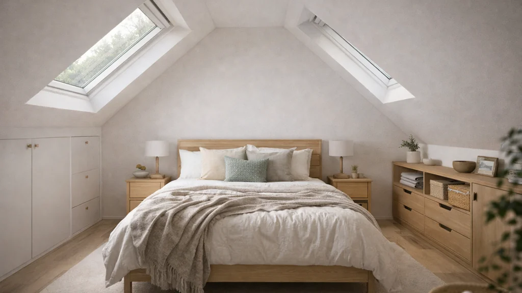 Chambre mansardée sous combles avec lit placé sous le faîtage, rangements bas sous pente et fenêtres de toit apportant lumière naturelle.