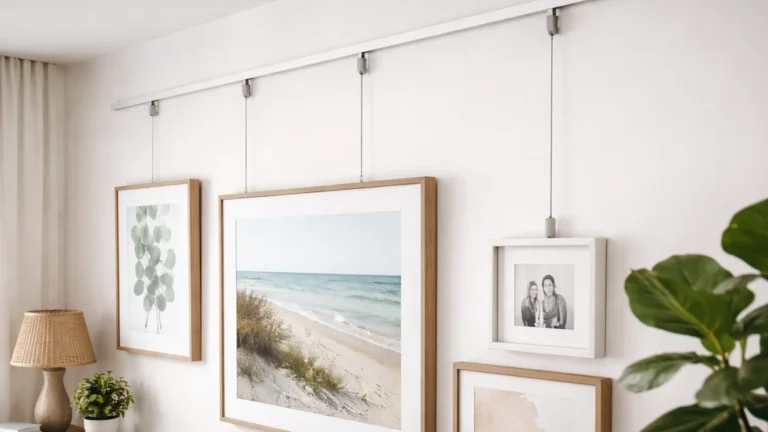 Rail de cimaise murale blanc avec câbles et crochets réglables pour suspendre plusieurs cadres dans un salon moderne lumineux.