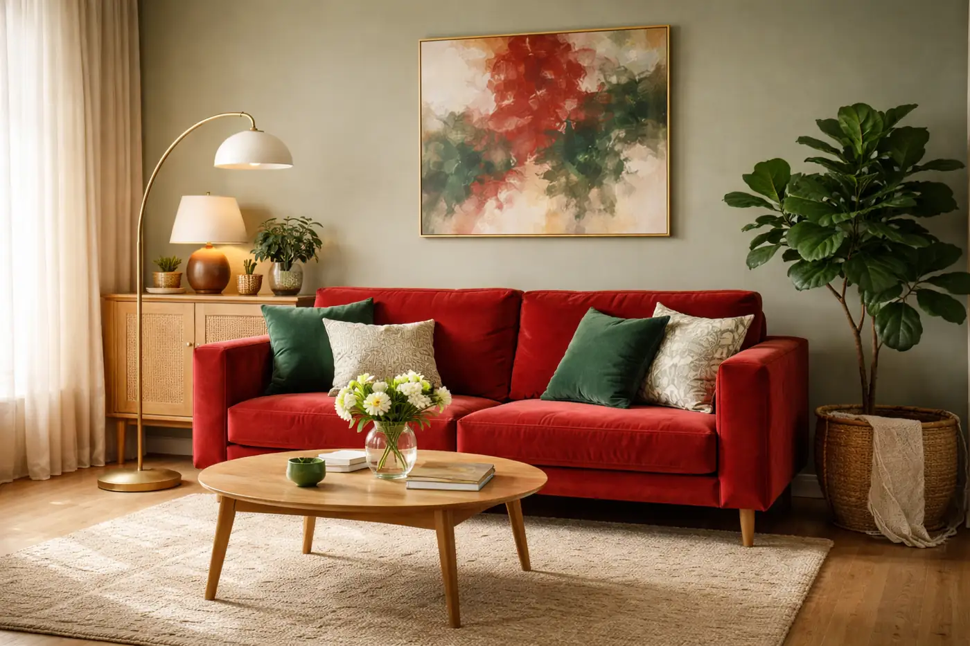 Salon avec canapé rouge et coussins vert foncé illustrant l’association de couleurs complémentaires rouge et vert en décoration intérieure.