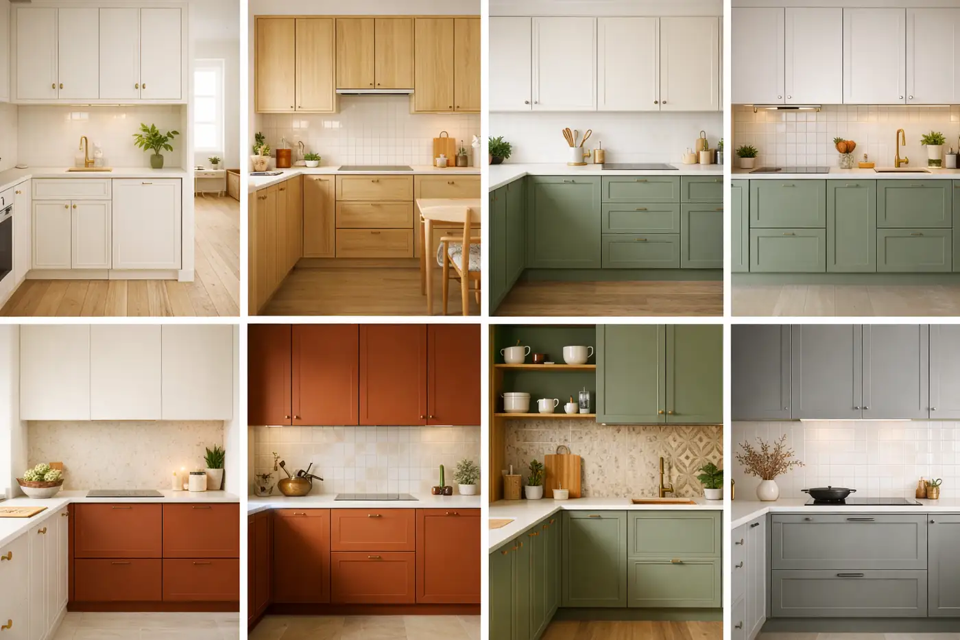 Différentes palettes de couleurs pour cuisine moderne avec façades blanc cassé, bois clair, vert olive, terracotta et gris perle, plans de travail clairs et crédences en carrelage.