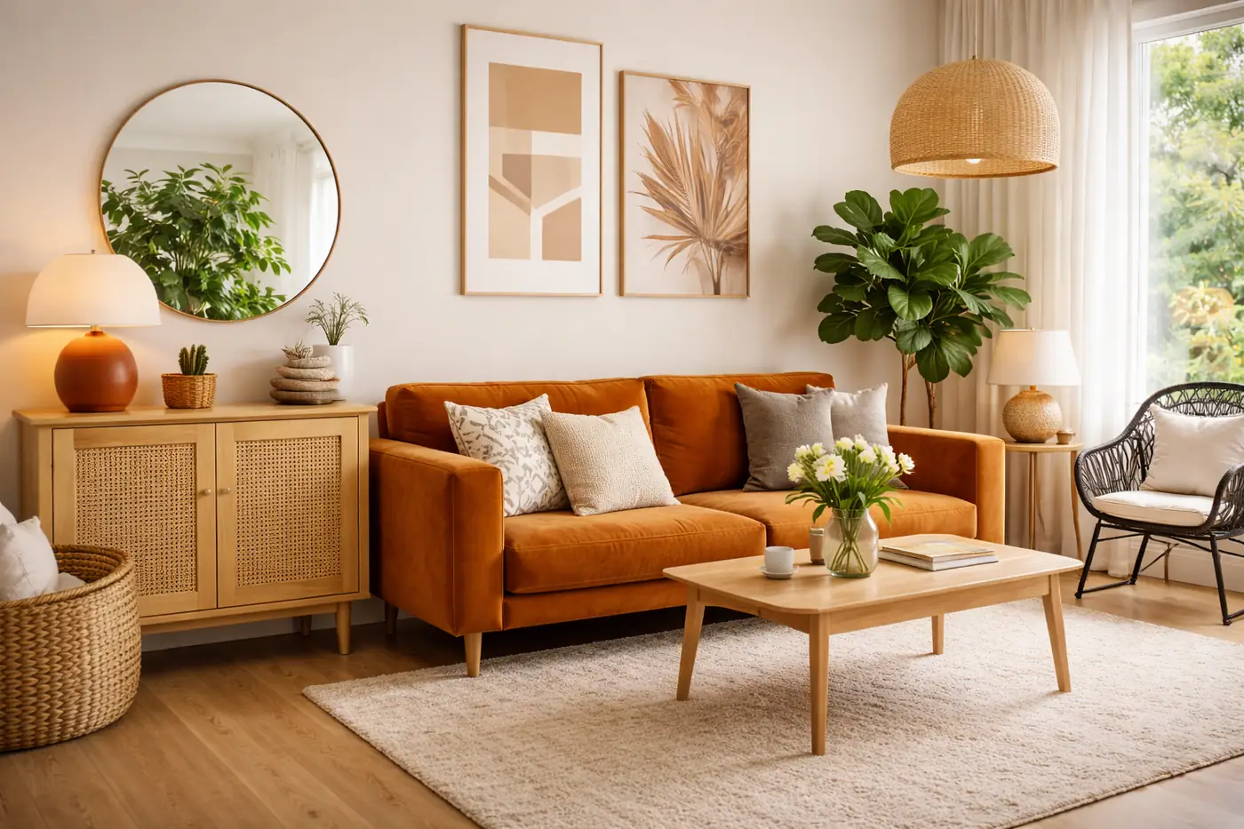 Salon lumineux avec boiseries peintes en ton neutre, mobilier en bois clair et canapé terracotta illustrant le choix d’une couleur peinture bois en intérieur.