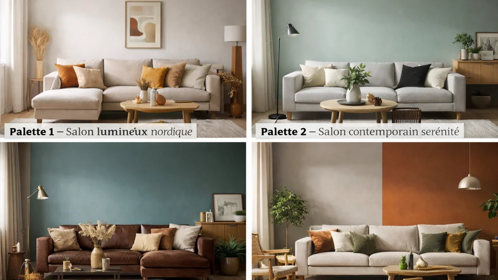 Idées couleur salon avec palettes nordique, vert sauge, bleu canard et terracotta dans différents styles contemporains et chaleureux.