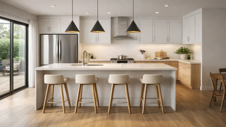 Cuisine moderne avec îlot central blanc, tabourets en bois et suspensions noires dans un espace lumineux ouvert sur terrasse