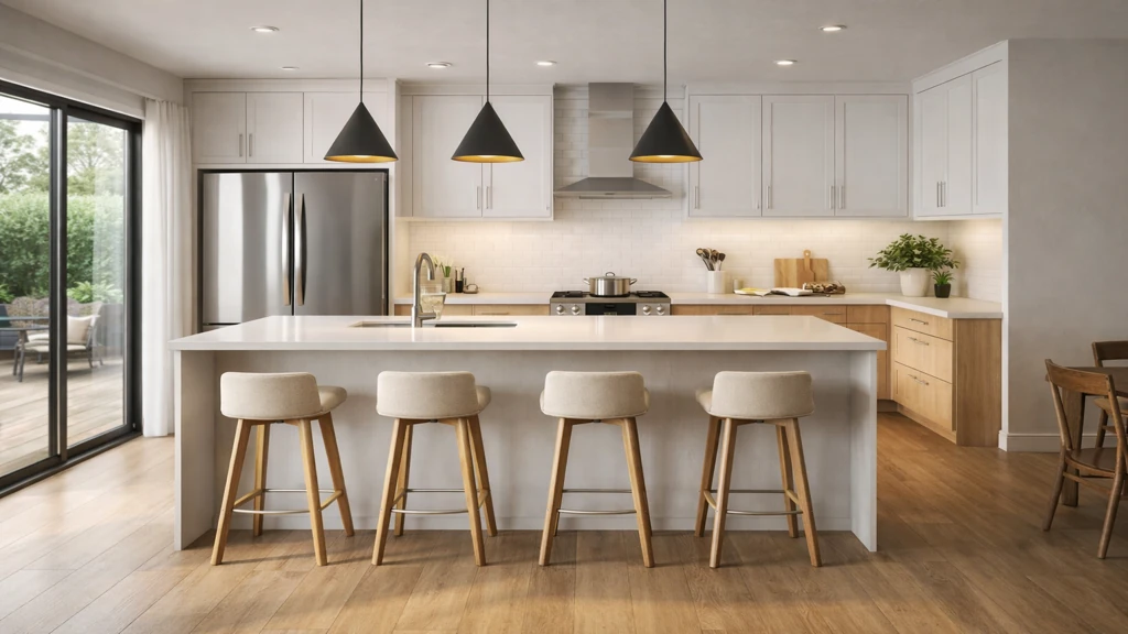 Cuisine moderne avec îlot central blanc, tabourets en bois et suspensions noires dans un espace lumineux ouvert sur terrasse