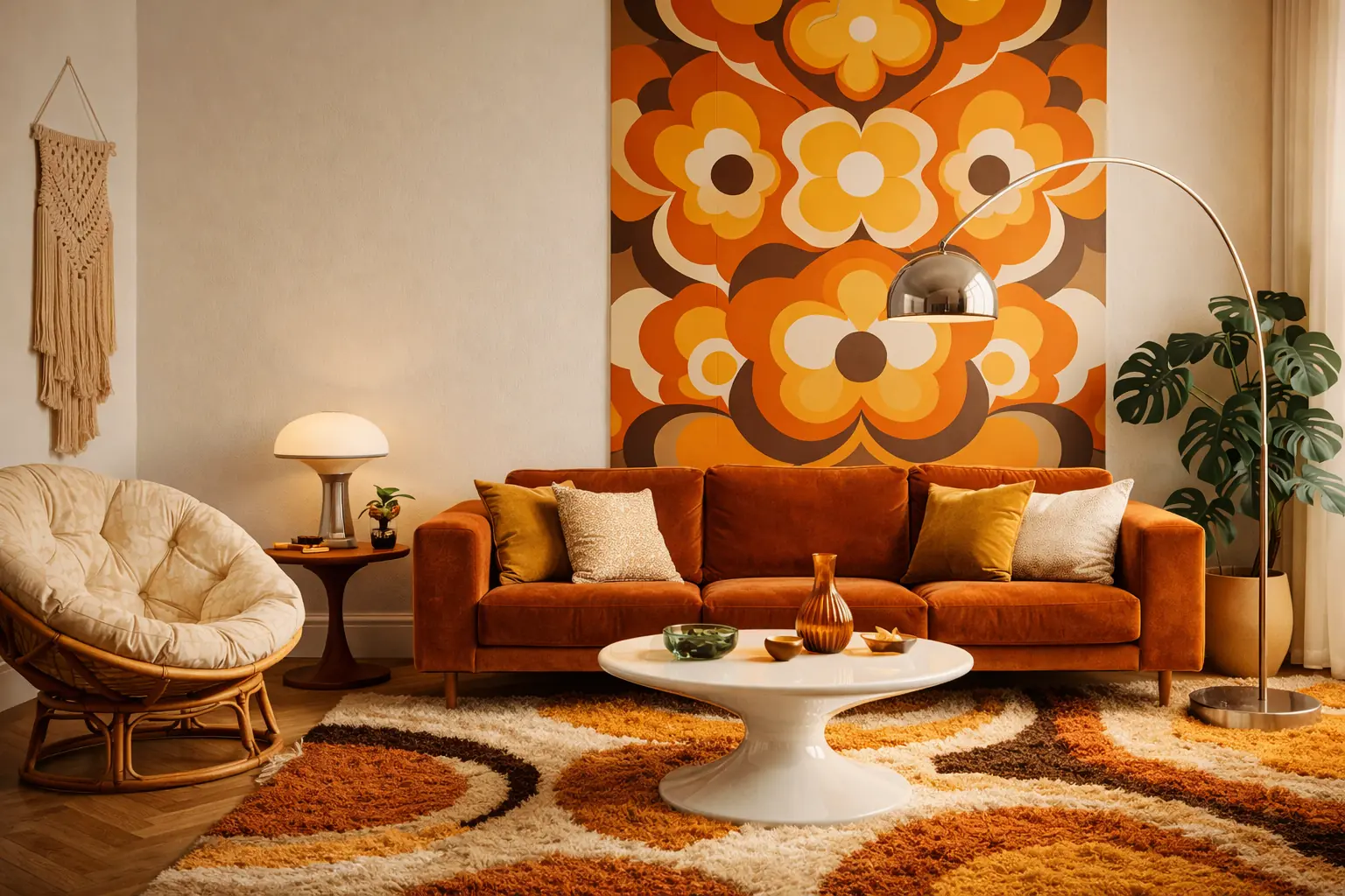 Salon déco années 70 avec canapé en velours terracotta, papier peint floral vintage orange, fauteuil en rotin, lampadaire arc chromé et tapis graphique marron beige.