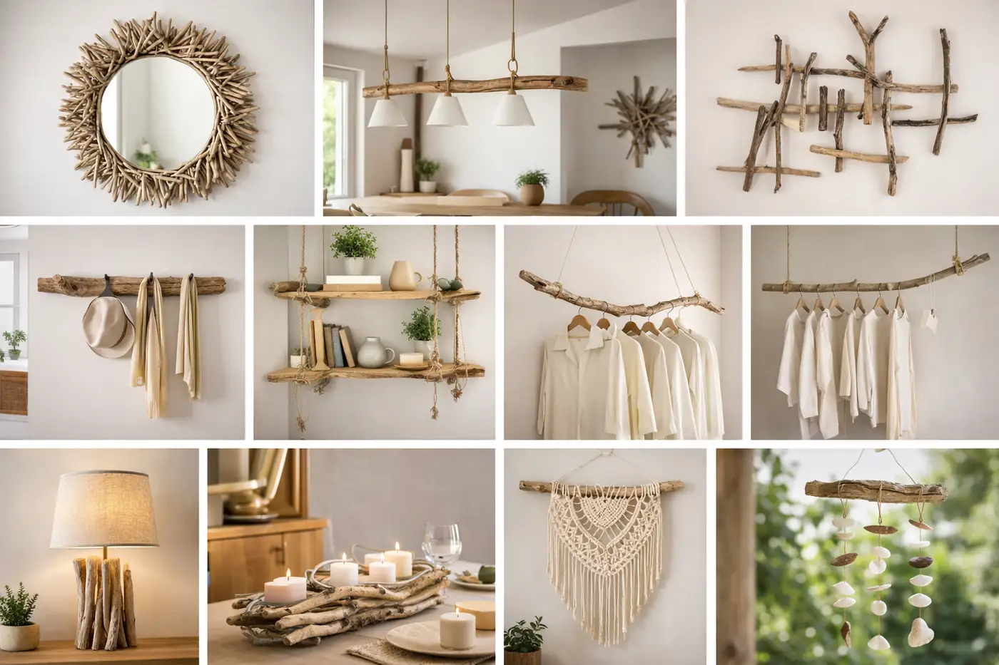 Idées déco en bois flotté dans une maison : miroir mural, suspension lumineuse, étagères suspendues, patères, lampe et macramé dans un intérieur naturel et bohème.