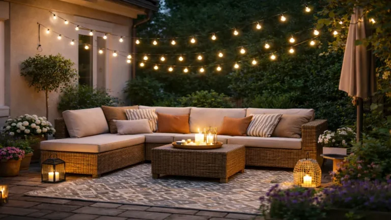 Décoration extérieure terrasse cosy avec salon de jardin en résine, tapis outdoor, guirlande lumineuse et plantes en pots au crépuscule.