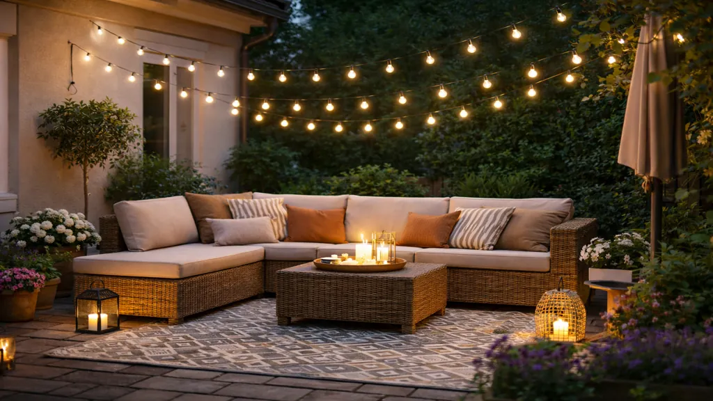 Décoration extérieure terrasse cosy avec salon de jardin en résine, tapis outdoor, guirlande lumineuse et plantes en pots au crépuscule.