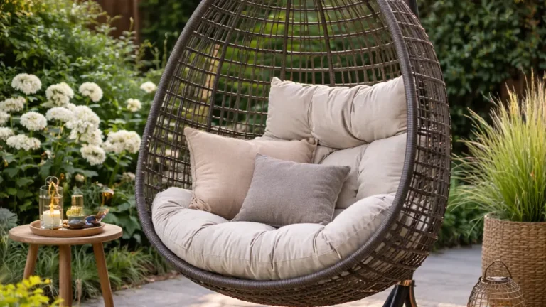 Fauteuil suspendu extérieur en résine tressée sur pied autoportant installé dans un jardin avec coussins et guirlande lumineuse.