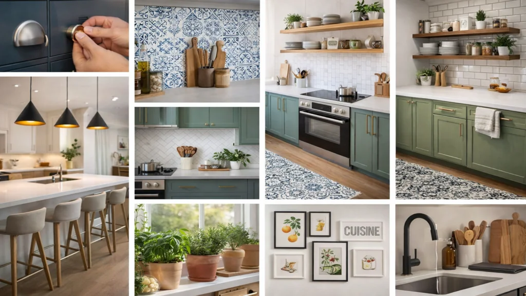 Idées déco cuisine avec poignées laiton, crédence motif, étagères ouvertes, plantes aromatiques et robinet noir mat dans cuisine moderne verte