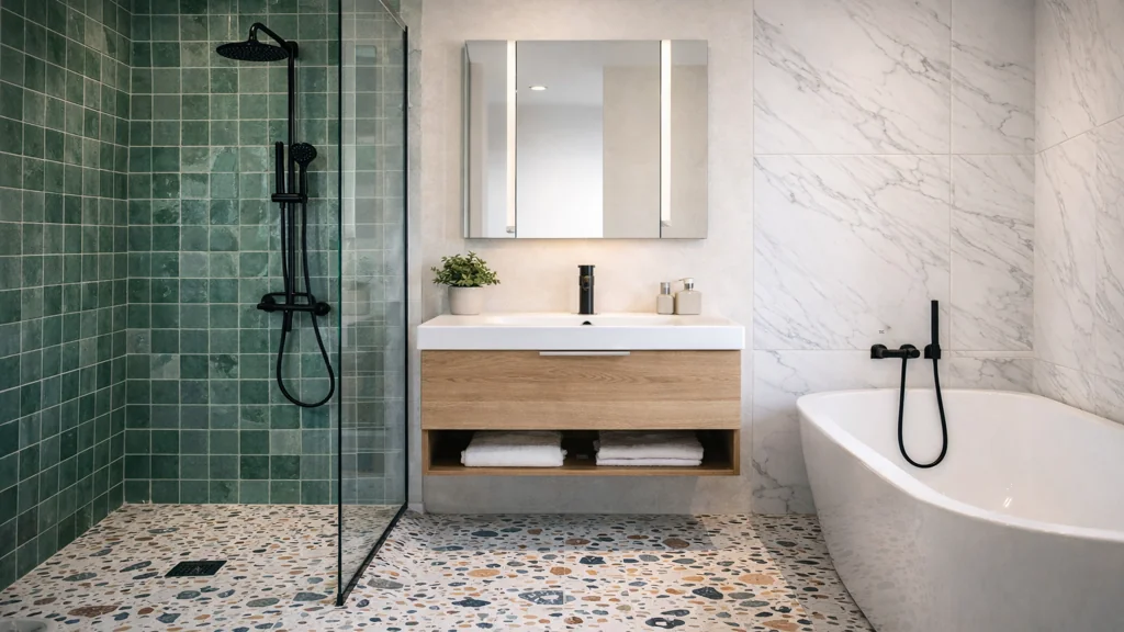 Idées carrelage salle de bain avec zellige vert en douche, terrazzo au sol et imitation marbre mural dans une salle de bain moderne