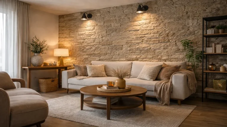 Mur intérieur en pierre apparente dans salon moderne avec canapé beige et éclairage rasant chaleureux