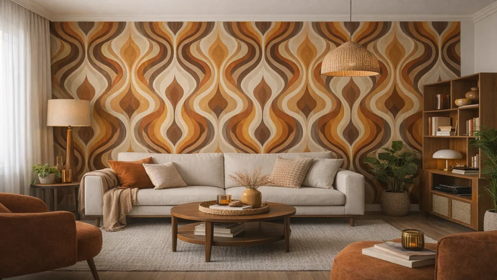 Papier peint années 70 géométrique orange et ocre sur mur accent dans salon avec mobilier bois et tons neutres