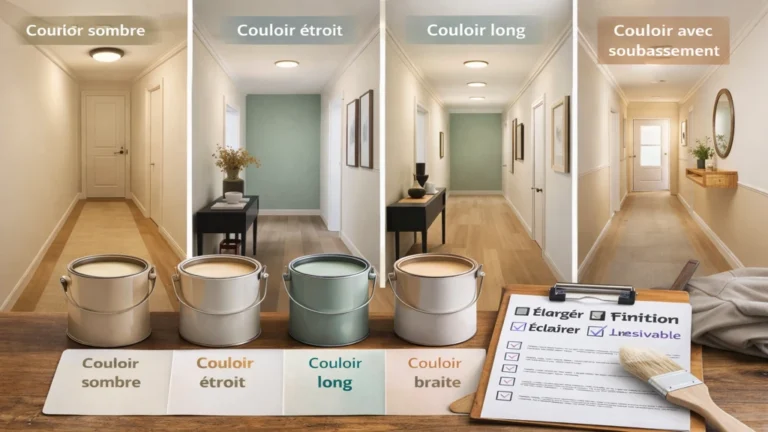 Exemples de peinture pour couloir sombre ou étroit avec murs clairs, mur du fond coloré et soubassement en finition lessivable