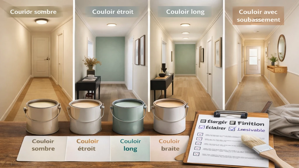 Exemples de peinture pour couloir sombre ou étroit avec murs clairs, mur du fond coloré et soubassement en finition lessivable