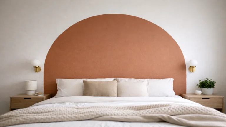 Tête de lit peinture en forme d’arche terracotta réalisée directement au mur dans une chambre moderne et minimaliste.