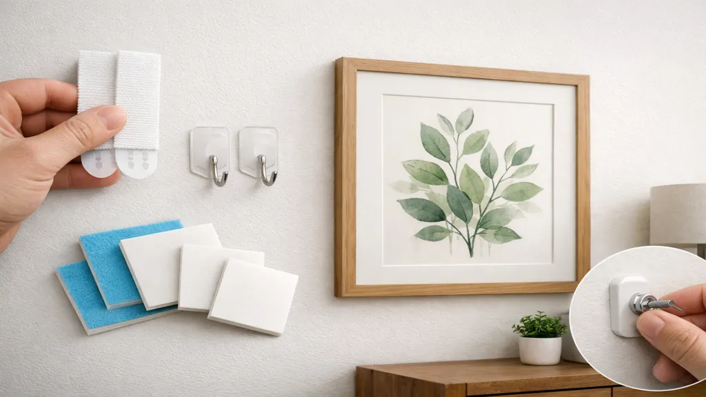 Accrocher un tableau sans percer un mur grâce à des fixations adhésives pour cadres dans un salon moderne avec mur peint.
