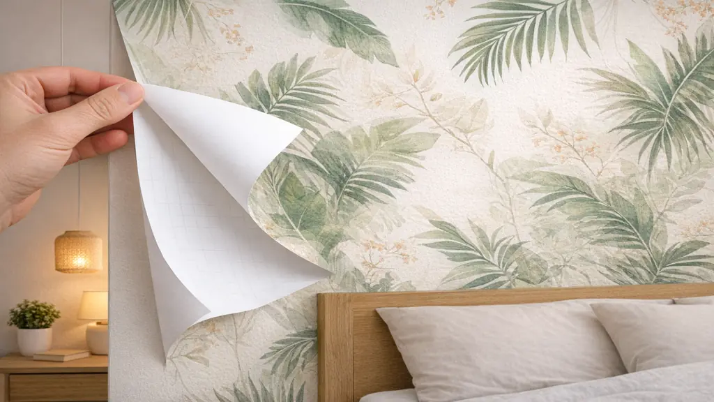 Pose de papier peint adhésif repositionnable avec motif végétal dans une chambre moderne, application du revêtement mural autocollant sur mur peint.