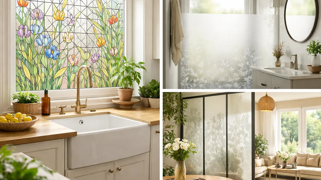 Adhésif décoratif effet vitrail posé sur une fenêtre de cuisine moderne, avec rendu lumineux et intimité sans travaux