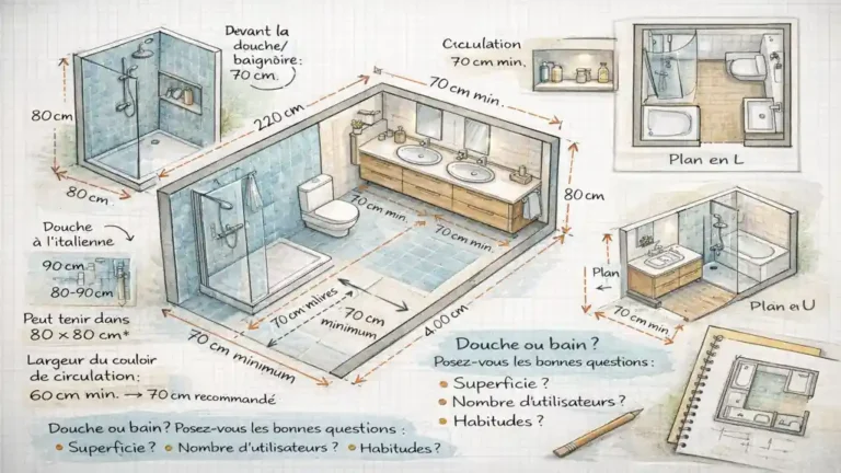 Schéma d’aménagement de salle de bain montrant différentes implantations possibles avec douche, baignoire, meuble vasque et distances de circulation recommandées.