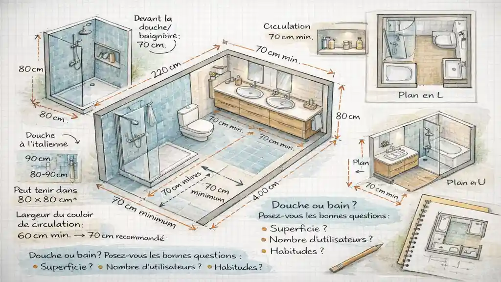 Schéma d’aménagement de salle de bain montrant différentes implantations possibles avec douche, baignoire, meuble vasque et distances de circulation recommandées.