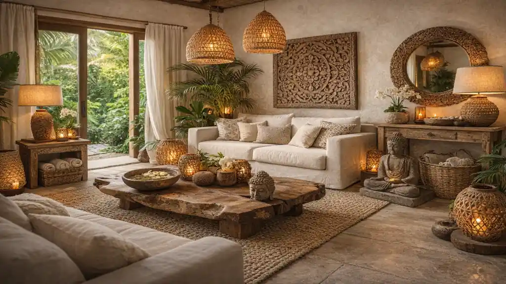 Salon décoration balinaise avec meubles en bois massif, lanternes en rotin, plantes tropicales et ambiance zen inspirée des villas de Bali.