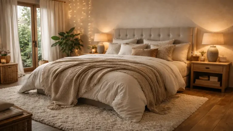 Chambre cocooning avec lit confortable, tête de lit capitonnée, plaids et coussins en tons beige et éclairage tamisé pour une ambiance cosy et chaleureuse.