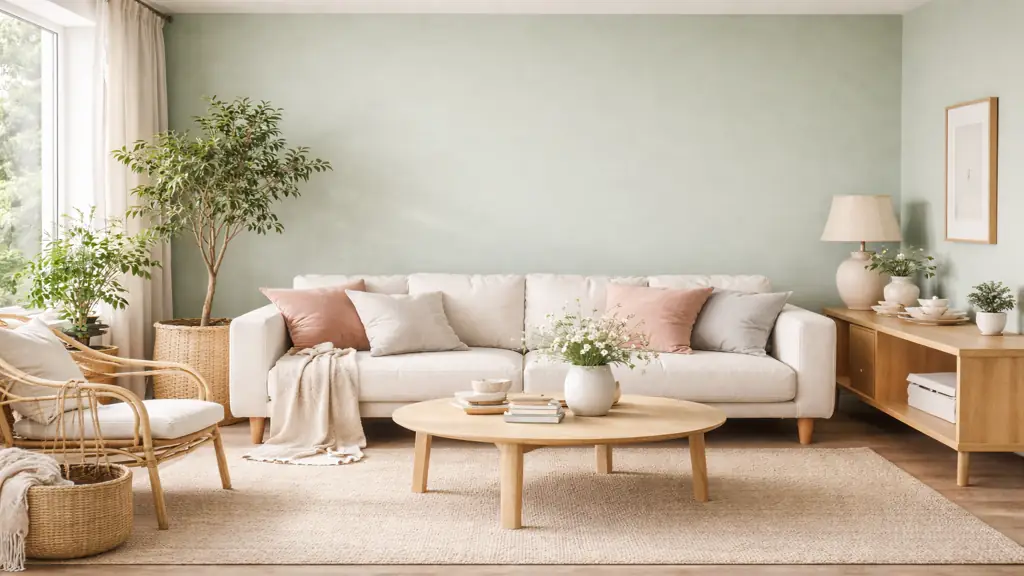 Salon lumineux avec mur peint en couleur céladon, canapé beige, mobilier en bois clair et décoration naturelle dans une ambiance douce et apaisante.
