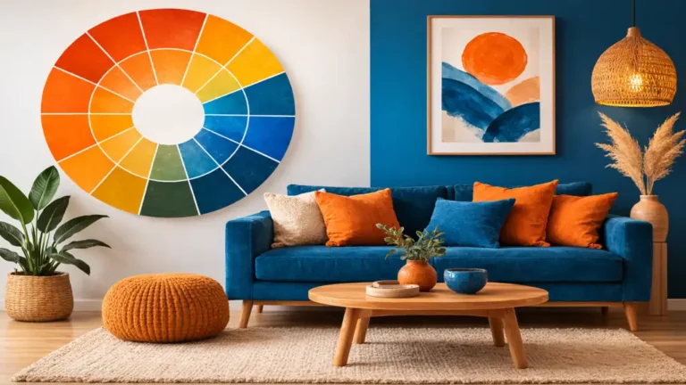 Salon moderne avec canapé bleu et coussins orange illustrant l’association des couleurs complémentaires orange et bleu avec un cercle chromatique mural.