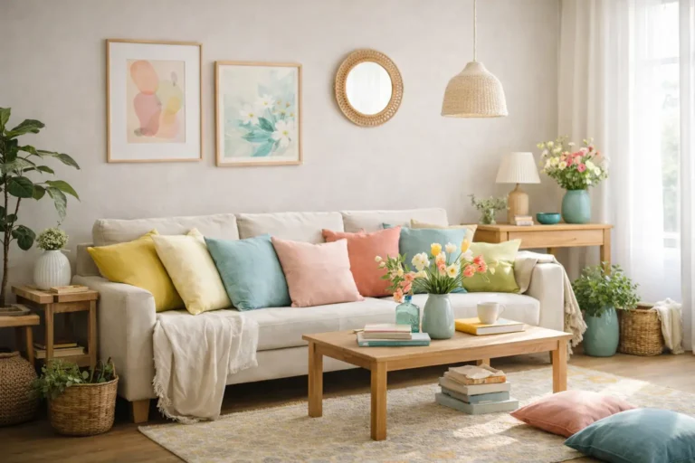 Salon lumineux décoré dans les couleurs du printemps avec coussins pastel, fleurs fraîches, bois clair et ambiance douce naturelle