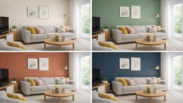Salon moderne avec différentes couleurs de mur décoratives : beige, vert sauge, terracotta et bleu nuit autour d’un canapé clair et d’une table basse en bois.