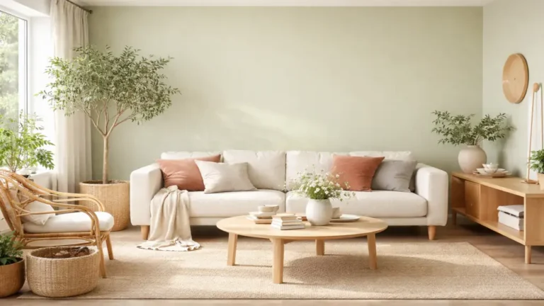 Salon lumineux avec mur peint en vert amande, canapé beige, mobilier en bois clair et décoration naturelle dans un intérieur apaisant et moderne.