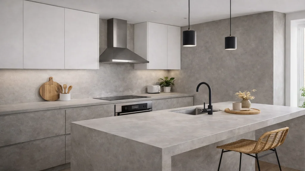 Cuisine moderne en béton ciré avec îlot central, murs et plan de travail gris minéral, meubles blancs et touches de bois naturel.