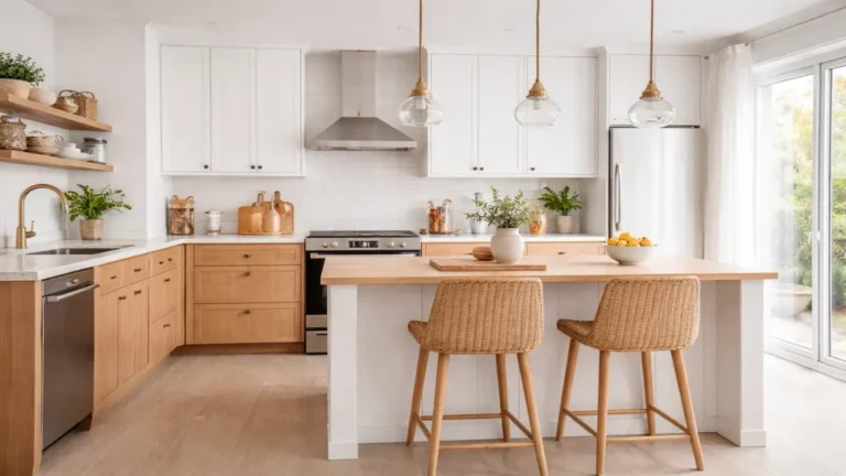 Cuisine scandinave blanche et bois avec plan de travail en chêne clair, meubles blancs et îlot central lumineux dans un intérieur nordique minimaliste.